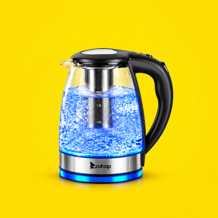 1.8L Electric Glass Kettle – 1200W Stainless Steel Tea Filter, LED Light & Auto Shut-Off