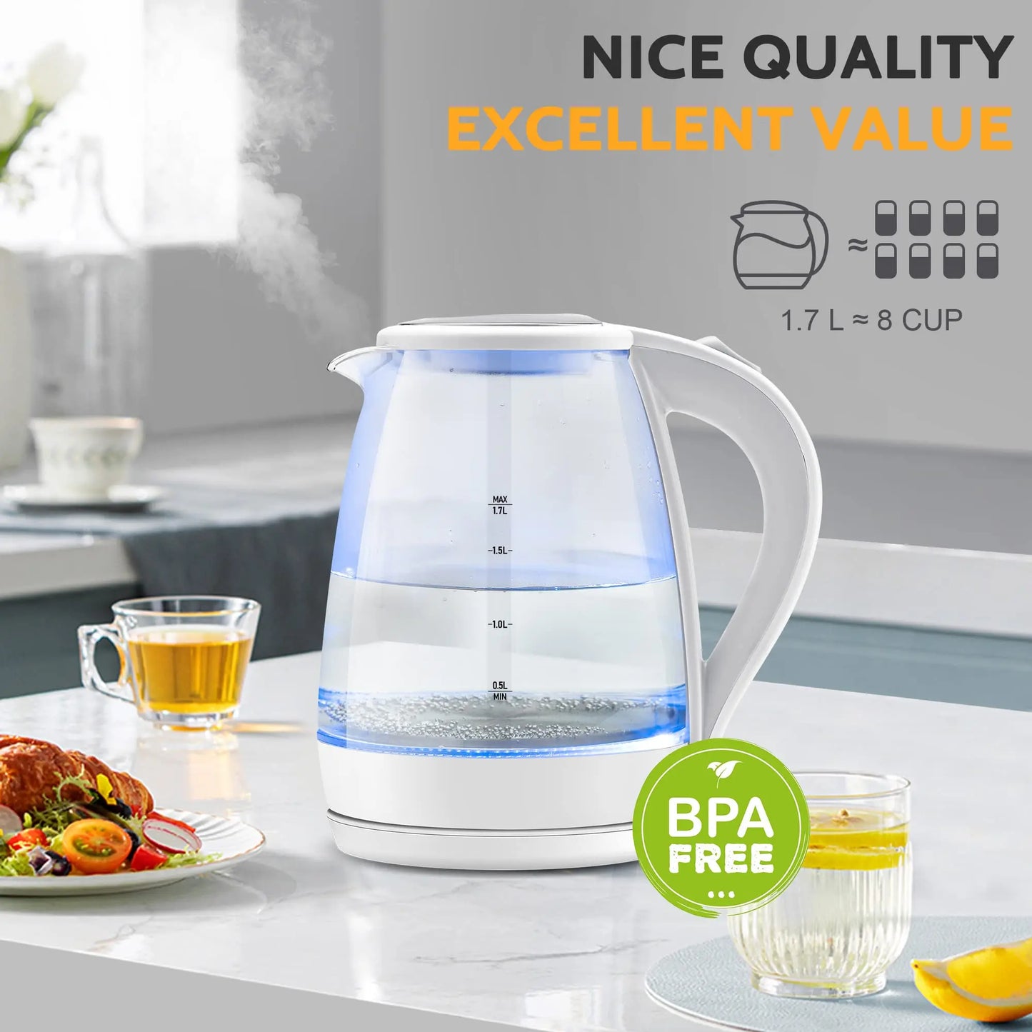 Electric Tea Kettle - CACHOO 1.7L Borosilicate Glass Electric Kettle with LED Indicator, Fast Boiling Hot Water Boiler