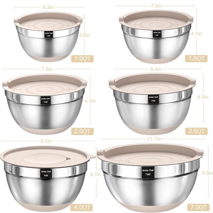26PCS Stainless Steel Mixing Bowl Set with Airtight Lids – 6 Nesting Bowls, 17 Kitchen Tools, 3 Grater Attachments, Non-Slip Base – Dishwasher Safe, Rust Resistant – Khaki Classic