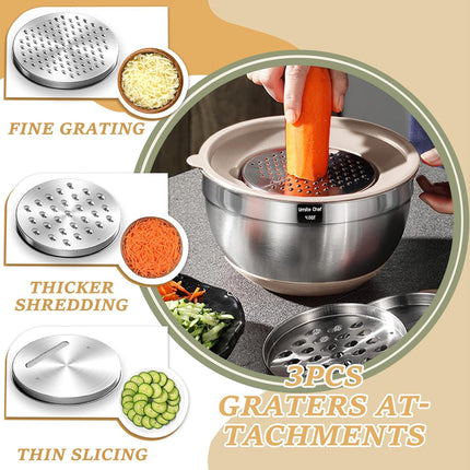 26PCS Stainless Steel Mixing Bowl Set with Airtight Lids – 6 Nesting Bowls, 17 Kitchen Tools, 3 Grater Attachments, Non-Slip Base – Dishwasher Safe, Rust Resistant – Khaki Classic