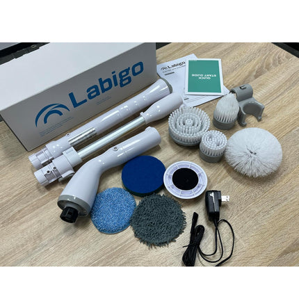 LABIGO Electric Spin Scrubber LA1 Pro – Cordless Power Cleaning Brush with 7 Replaceable Brush Heads and Adjustable Extension Handle for Bathroom, Floor, and Tile Cleaning (White)