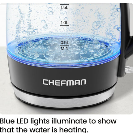 Chefman Electric Kettle 1.8L – 1500W Glass Hot Water Boiler with Auto Shut-Off, Boil-Dry Protection, Removable Lid, BPA-Free Borosilicate Glass & Stainless Steel Filter