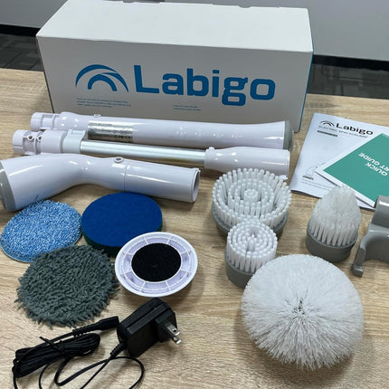 LABIGO Electric Spin Scrubber LA1 Pro – Cordless Power Cleaning Brush with 7 Replaceable Brush Heads and Adjustable Extension Handle for Bathroom, Floor, and Tile Cleaning (White)