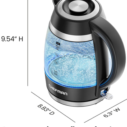 Chefman Electric Kettle 1.8L – 1500W Glass Hot Water Boiler with Auto Shut-Off, Boil-Dry Protection, Removable Lid, BPA-Free Borosilicate Glass & Stainless Steel Filter
