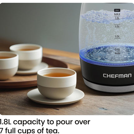 Chefman Electric Kettle 1.8L – 1500W Glass Hot Water Boiler with Auto Shut-Off, Boil-Dry Protection, Removable Lid, BPA-Free Borosilicate Glass & Stainless Steel Filter