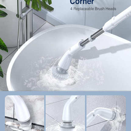 LABIGO Electric Spin Scrubber LA1 Pro – Cordless Power Cleaning Brush with 7 Replaceable Brush Heads and Adjustable Extension Handle for Bathroom, Floor, and Tile Cleaning (White)