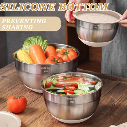 26PCS Stainless Steel Mixing Bowl Set with Airtight Lids – 6 Nesting Bowls, 17 Kitchen Tools, 3 Grater Attachments, Non-Slip Base – Dishwasher Safe, Rust Resistant – Khaki Classic