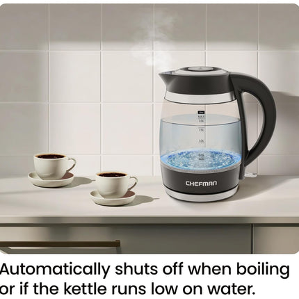 Chefman Electric Kettle 1.8L – 1500W Glass Hot Water Boiler with Auto Shut-Off, Boil-Dry Protection, Removable Lid, BPA-Free Borosilicate Glass & Stainless Steel Filter