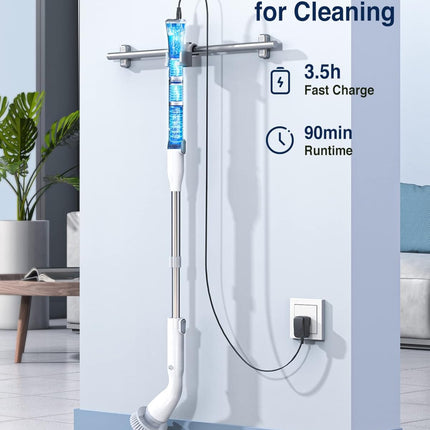 LABIGO Electric Spin Scrubber LA1 Pro – Cordless Power Cleaning Brush with 7 Replaceable Brush Heads and Adjustable Extension Handle for Bathroom, Floor, and Tile Cleaning (White)