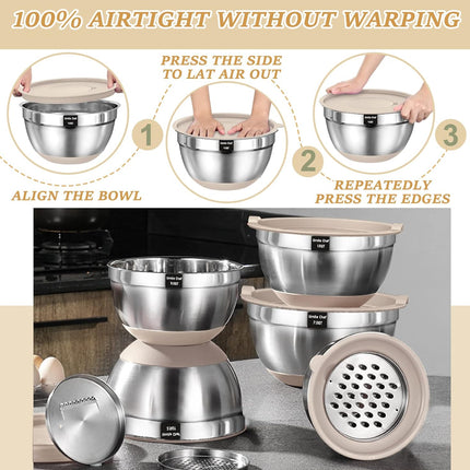 26PCS Stainless Steel Mixing Bowl Set with Airtight Lids – 6 Nesting Bowls, 17 Kitchen Tools, 3 Grater Attachments, Non-Slip Base – Dishwasher Safe, Rust Resistant – Khaki Classic