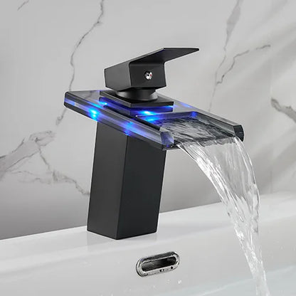 ROVATE Bathroom Sink LED Glass Faucet, RBG 3 Colors Light Waterfall Single Handle Single Hole Mixer Tap/Faucet (Matte Black))