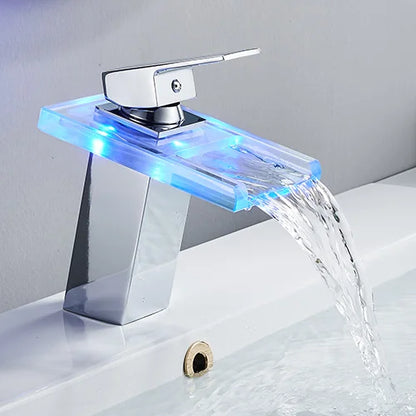 ROVATE Bathroom Sink LED Glass Faucet, RBG 3 Colors Light Waterfall Single Handle Single Hole Mixer Tap/Faucet (Matte Black))