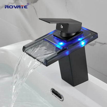 ROVATE Bathroom Sink LED Glass Faucet, RBG 3 Colors Light Waterfall Single Handle Single Hole Mixer Tap/Faucet (Matte Black))