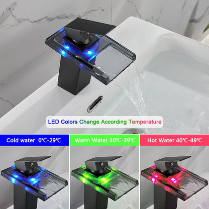 ROVATE Bathroom Sink LED Glass Faucet, RBG 3 Colors Light Waterfall Single Handle Single Hole Mixer Tap/Faucet (Matte Black))