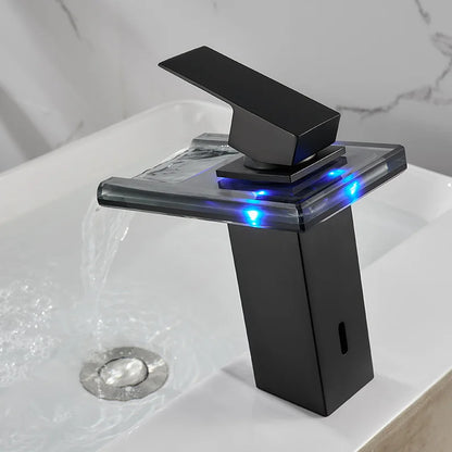 ROVATE Bathroom Sink LED Glass Faucet, RBG 3 Colors Light Waterfall Single Handle Single Hole Mixer Tap/Faucet (Matte Black))