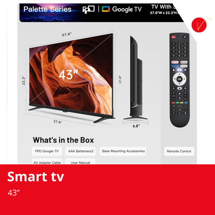 FPD 43-inch Smart TV Google TV 1080p Full HD with Google Play and Chromecast Built-in, HDR 10, Dolby Audio, Voice Remote, Stream Live TV(Palette-Series, CG43-P3, 2024 Model)