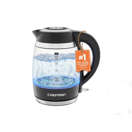 Chefman Electric Kettle 1.8L – 1500W Glass Hot Water Boiler with Auto Shut-Off, Boil-Dry Protection, Removable Lid, BPA-Free Borosilicate Glass & Stainless Steel Filter