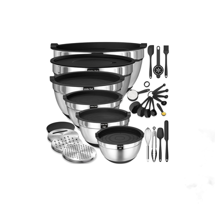 26PCS Stainless Steel Mixing Bowl Set with Airtight Lids – 6 Nesting Bowls, 17 Kitchen Tools, 3 Grater Attachments, Non-Slip Base – Dishwasher Safe, Rust Resistant – Khaki Classic