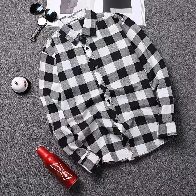 Trendy Black White Plaid Shirt Men's Korean Style Loose Fit Casual Long Sleeve Top Jacket Fashionable Spring Autumn