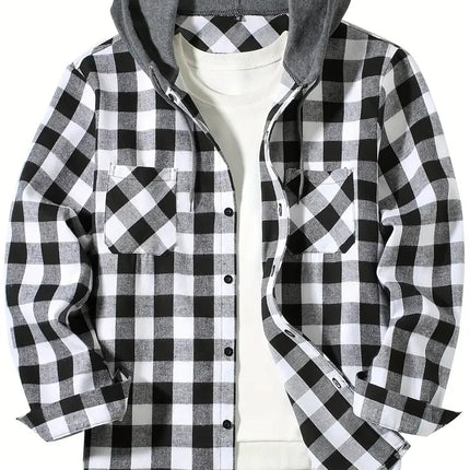 Youth Fashion Street Hooded Plaid Shirt Men's Slim Fit Long Sleeved Shirt Couple Travel Casual Shirt Men's Sports Shirt Jacket
