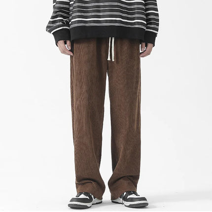 Autumn Winter Casual Soft Men Elastic Loose Drawstring Wide-legged Pants Warm College Style Corduroy Warm