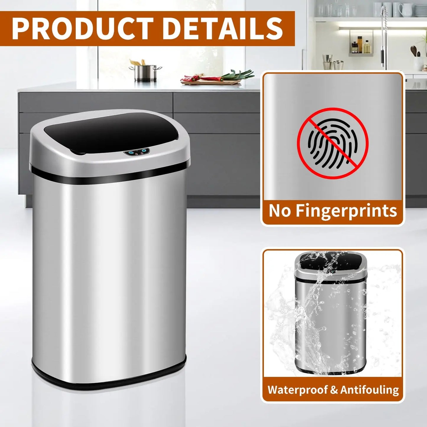 13-Gallon Kitchen Trash Can 50l Garbage Can Automatic Touch Free Garbage Bin Motion Sensor Trash Can with Lid Waste Bin