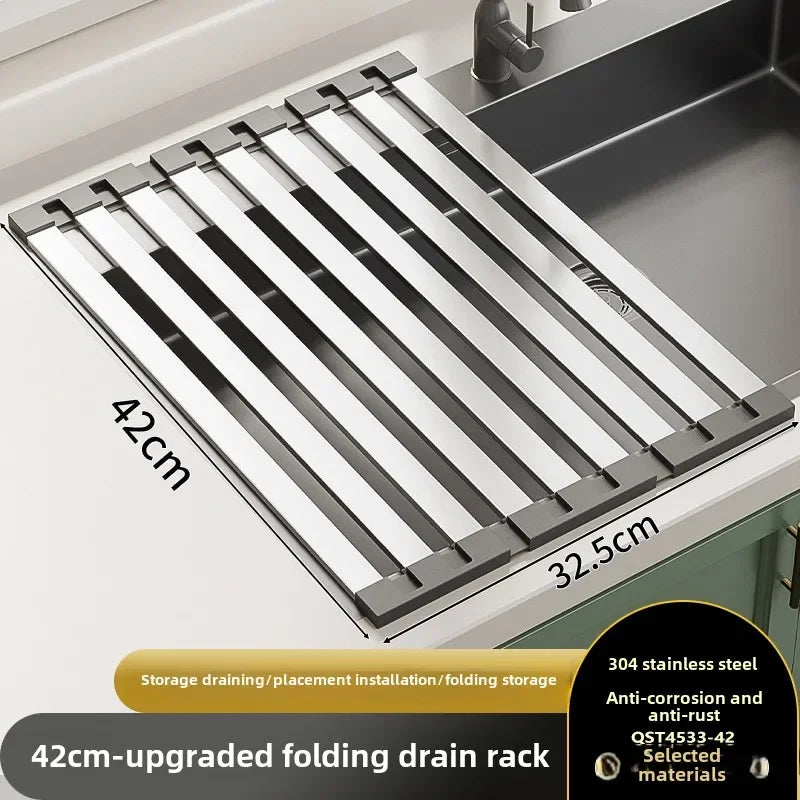 304 stainless steel kitchen sink drain rack, sink bowl and dish storage rack, foldable and retractable drain basket