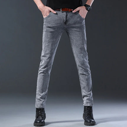 New style jeans, men's slim fit, Korean style comfortable straight leg elastic gray mid waist pants, men's casual denim pants