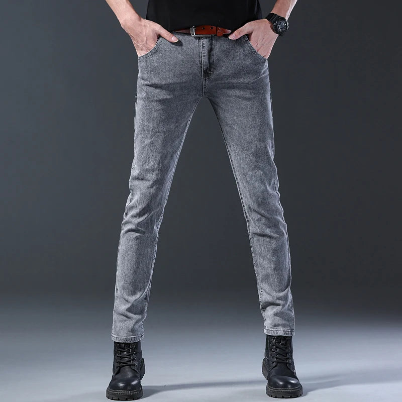 New style jeans, men's slim fit, Korean style comfortable straight leg elastic gray mid waist pants, men's casual denim pants