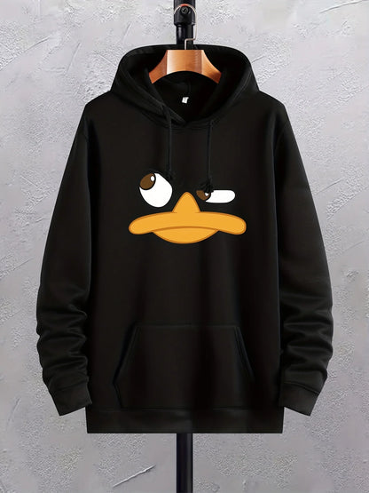 Cartoon Duck Print Hoodies For Men, Graphic Hoodie With Kangaroo Pocket, Comfy Loose Trendy Drawstring Hooded Pullover