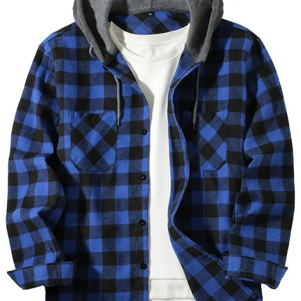 Youth Fashion Street Hooded Plaid Shirt Men's Slim Fit Long Sleeved Shirt Couple Travel Casual Shirt Men's Sports Shirt Jacket
