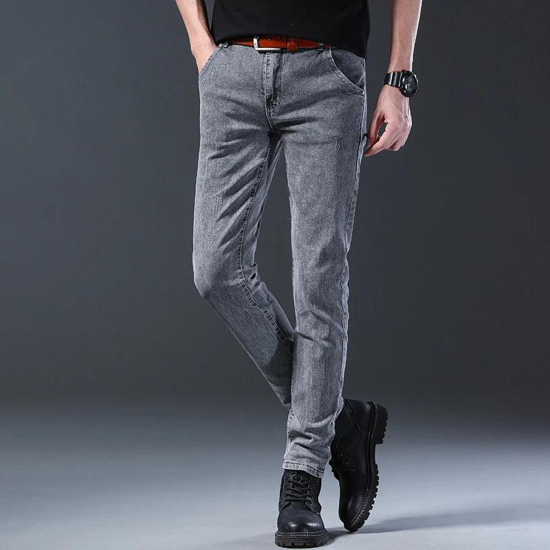 New style jeans, men's slim fit, Korean style comfortable straight leg elastic gray mid waist pants, men's casual denim pants