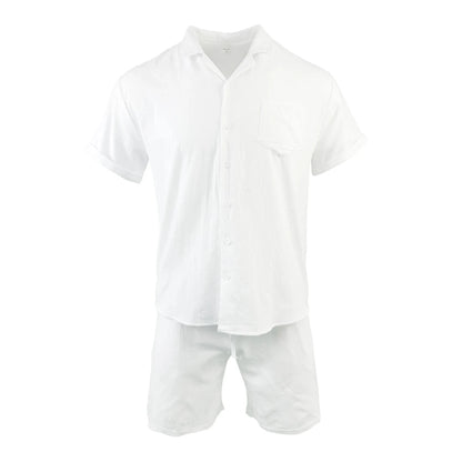 Cotton Linen Shirt Set Men's Hawaii Pleated Pocketed Loose Cuban Collar Breathable Comfortable White Men Outdoor Leisure Set