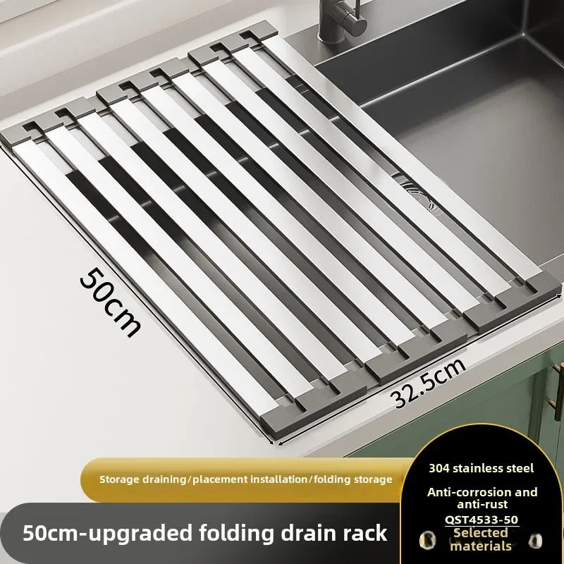 304 stainless steel kitchen sink drain rack, sink bowl and dish storage rack, foldable and retractable drain basket