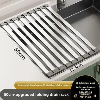 304 stainless steel kitchen sink drain rack, sink bowl and dish storage rack, foldable and retractable drain basket