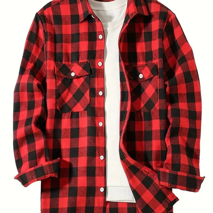Spring and Autumn Fashion Cotton Long Sleeve Men's Shirt New Brushed Red Plaid Business Leisure Fit Flannel No iron