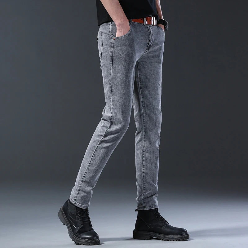 New style jeans, men's slim fit, Korean style comfortable straight leg elastic gray mid waist pants, men's casual denim pants