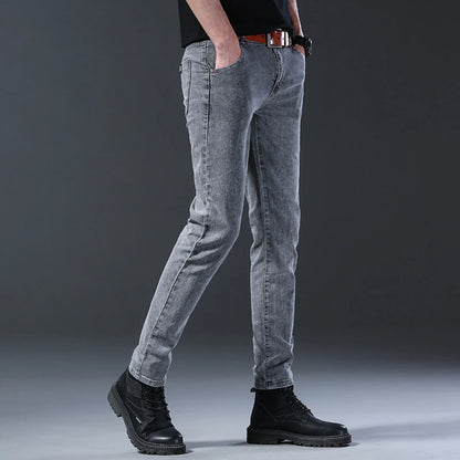 New style jeans, men's slim fit, Korean style comfortable straight leg elastic gray mid waist pants, men's casual denim pants