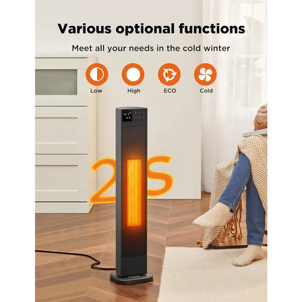 30” Ceramic Tower Space Heater with Adjustable Thermostat for Large Room, 75° Oscillation, Remote Control & 12H Timer