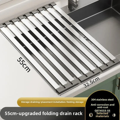 304 stainless steel kitchen sink drain rack, sink bowl and dish storage rack, foldable and retractable drain basket