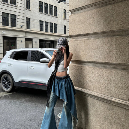 WARDEN EDGE Asymmetric Pleated Denim Flared Pants Low Waist Wide Leg Dragging Style Sleek Urban Design for Streetwear Aesthetic