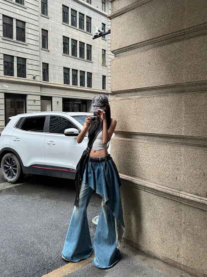 WARDEN EDGE Asymmetric Pleated Denim Flared Pants Low Waist Wide Leg Dragging Style Sleek Urban Design for Streetwear Aesthetic