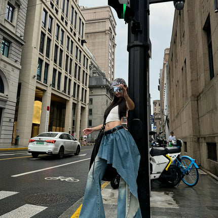 WARDEN EDGE Asymmetric Pleated Denim Flared Pants Low Waist Wide Leg Dragging Style Sleek Urban Design for Streetwear Aesthetic