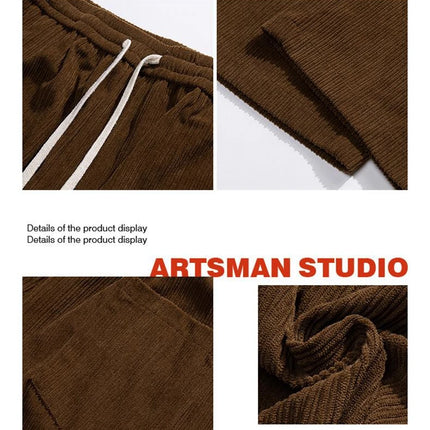 Autumn Winter Casual Soft Men Elastic Loose Drawstring Wide-legged Pants Warm College Style Corduroy Warm