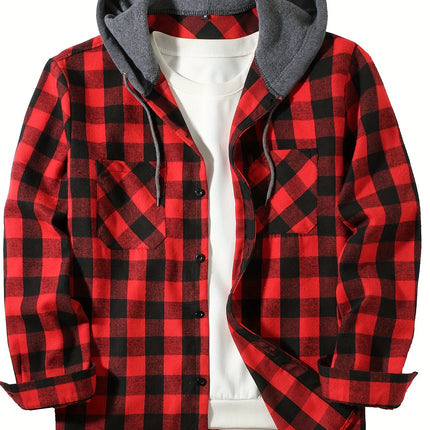 Youth Fashion Street Hooded Plaid Shirt Men's Slim Fit Long Sleeved Shirt Couple Travel Casual Shirt Men's Sports Shirt Jacket