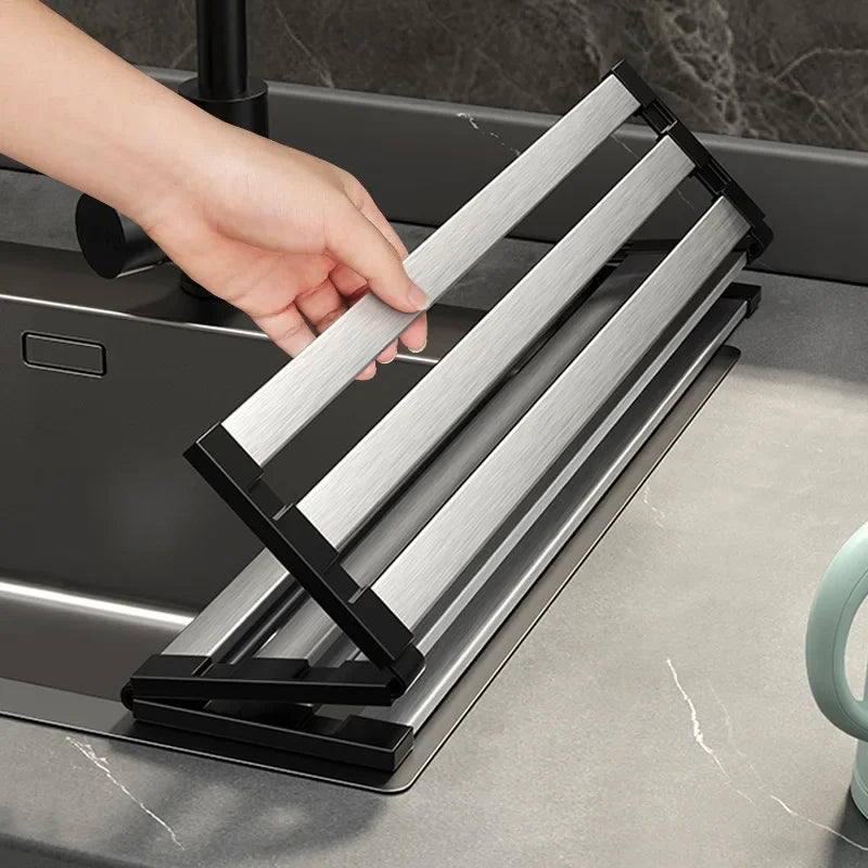 304 stainless steel kitchen sink drain rack, sink bowl and dish storage rack, foldable and retractable drain basket