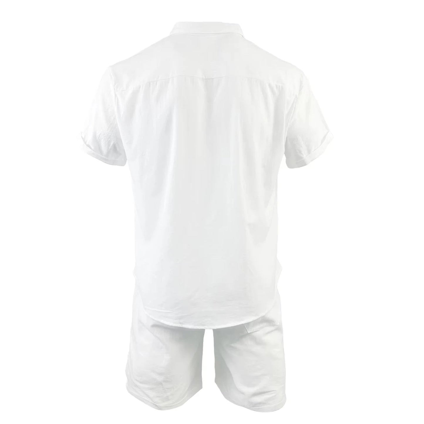 Cotton Linen Shirt Set Men's Hawaii Pleated Pocketed Loose Cuban Collar Breathable Comfortable White Men Outdoor Leisure Set