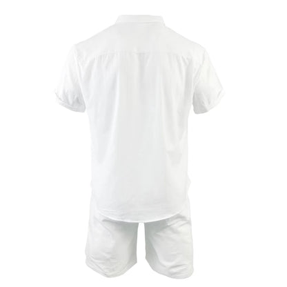 Cotton Linen Shirt Set Men's Hawaii Pleated Pocketed Loose Cuban Collar Breathable Comfortable White Men Outdoor Leisure Set