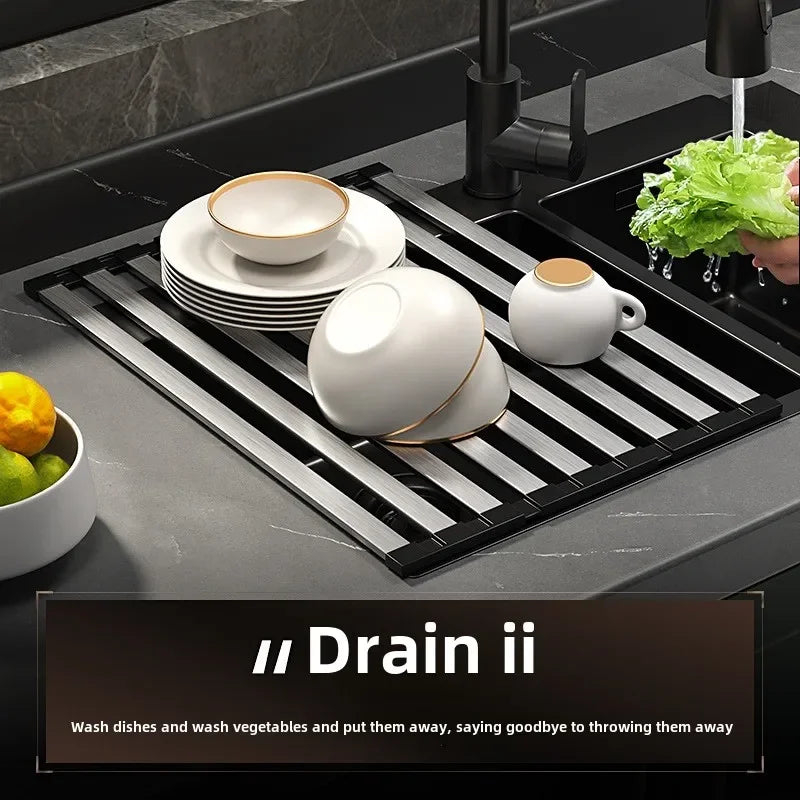 304 stainless steel kitchen sink drain rack, sink bowl and dish storage rack, foldable and retractable drain basket