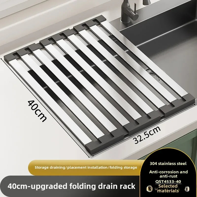 304 stainless steel kitchen sink drain rack, sink bowl and dish storage rack, foldable and retractable drain basket